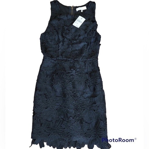 NWT ASTR Black Sleeveless Lace Overlay Sheath Bodycon Mini Dress Women's Size XS - Picture 2 of 2
